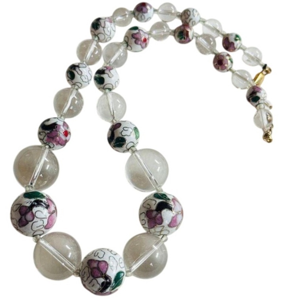 Vtg Clear‎ Rock Crystal Quartz Cloisonne Necklace natural Gemstone Sterling 925